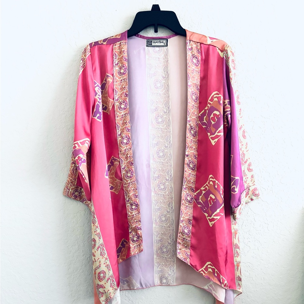 VTG Shaybali Kimono Top Jacket Pink Purple Print Satin Open Womens M Boho Artsy